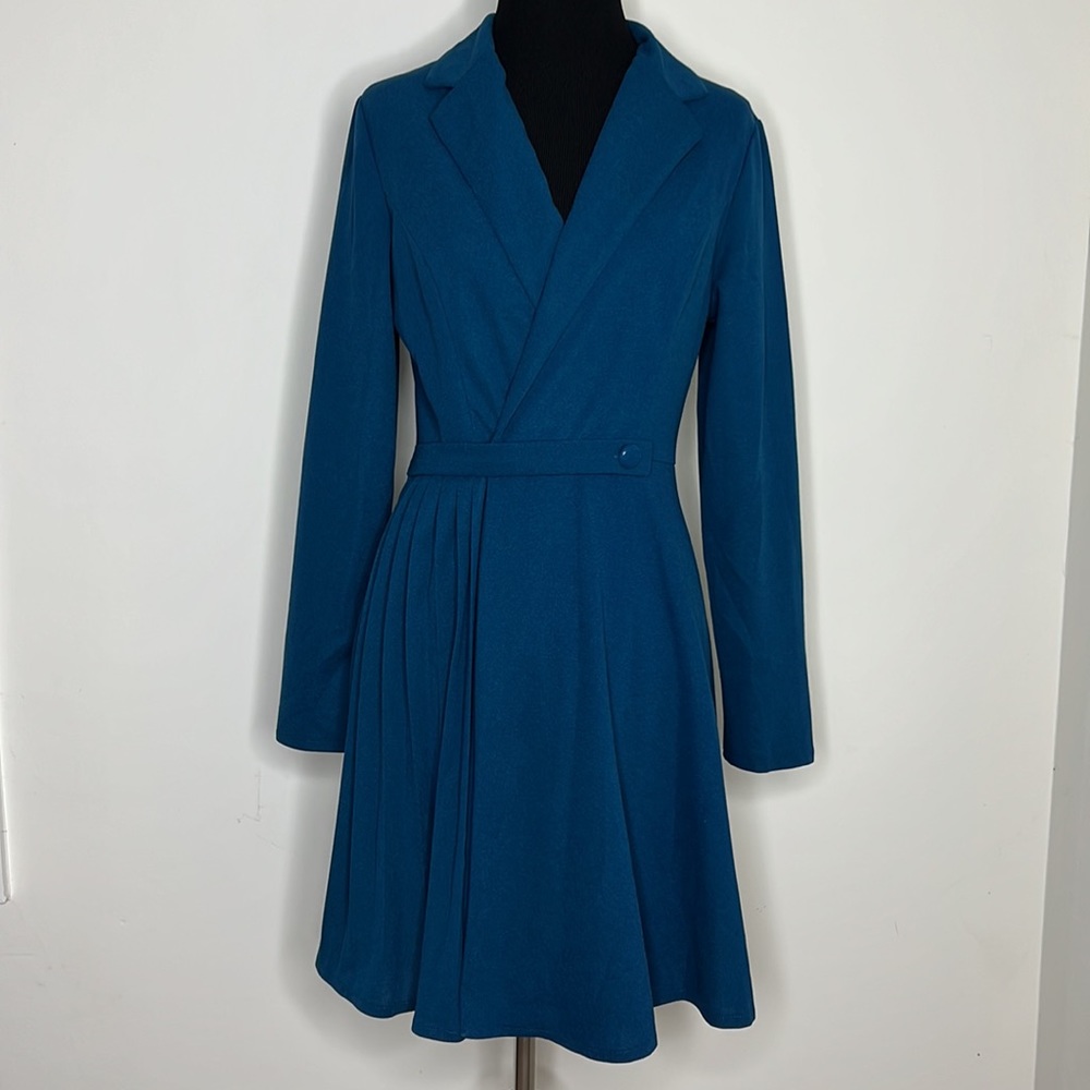 SHEIN Teal Longsleeve Wrap Pleated Dress S